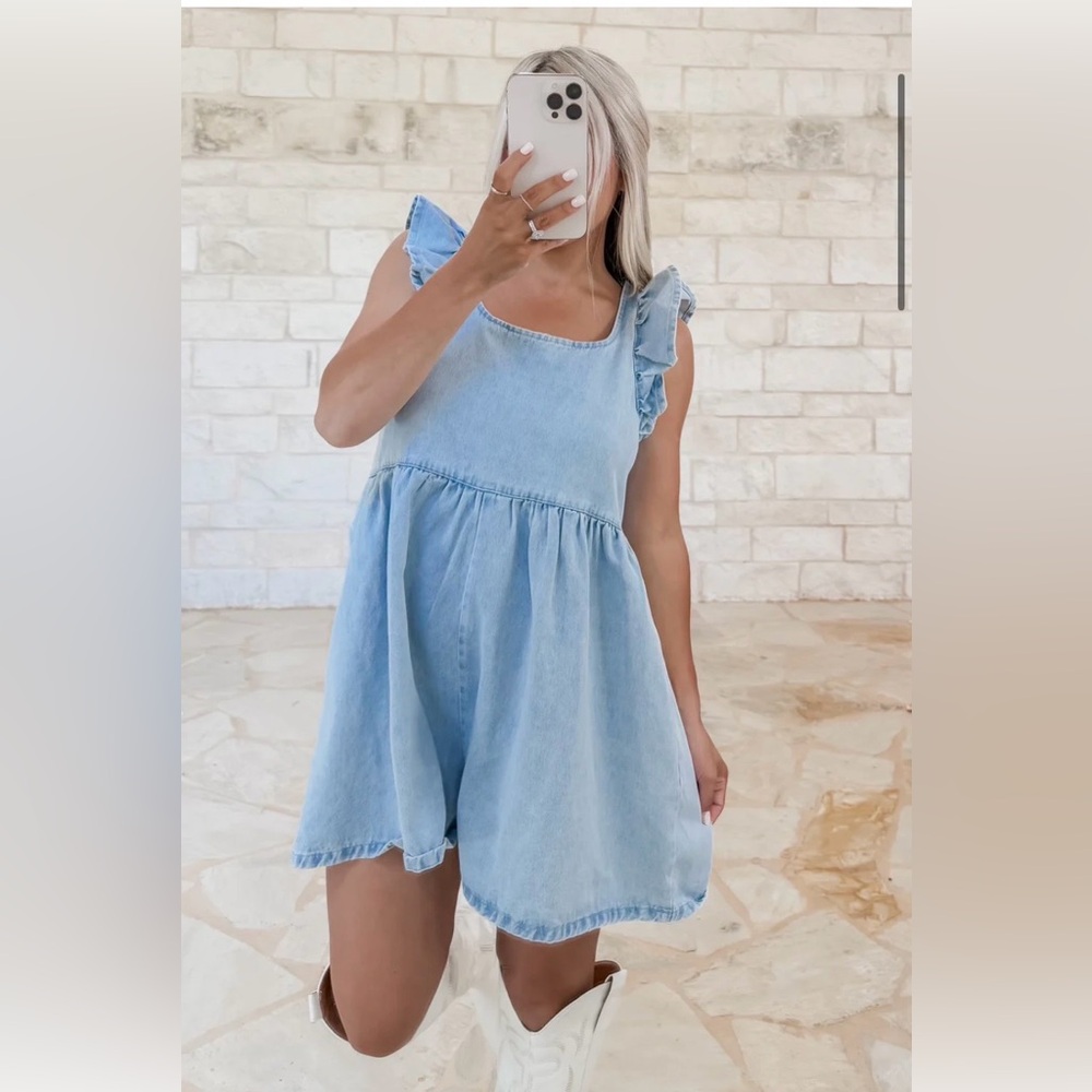 Light Blue Denim Ruffle-Sleeve Romper Dress